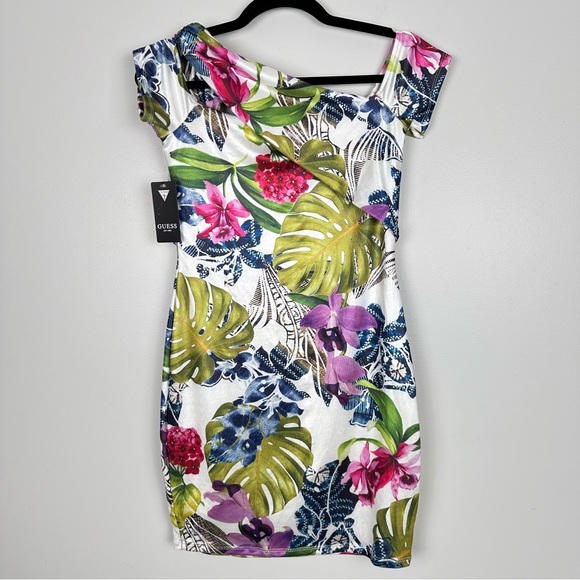 NWT Guess Malori Twisted Strap Tropical Print Bodycon Dress Size 6 Island Fancy - Picture 7 of 13